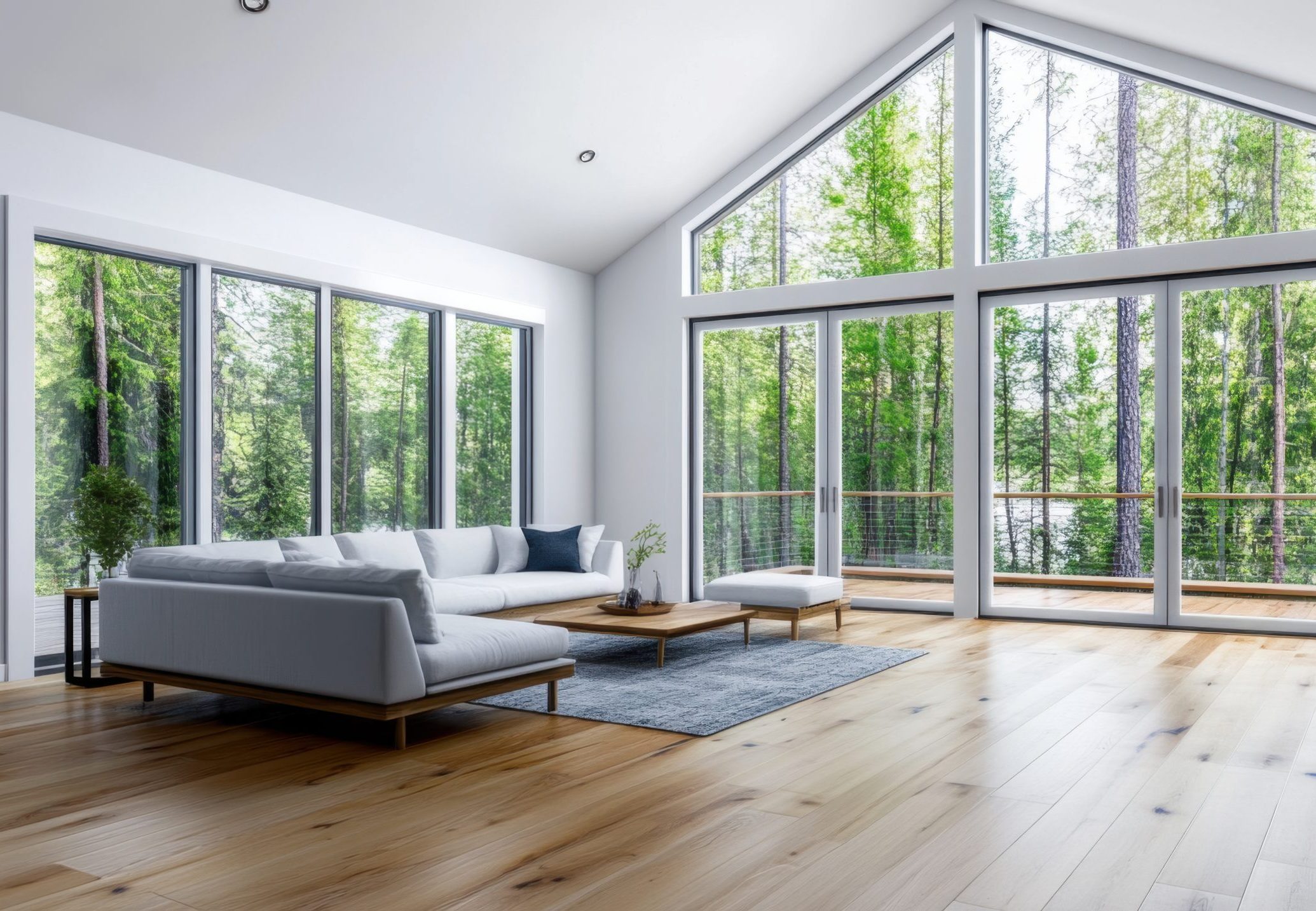 A modern living room with floor-to-ceiling windows offering a serene view of a forest, featuring wooden floors and minimalist furniture.